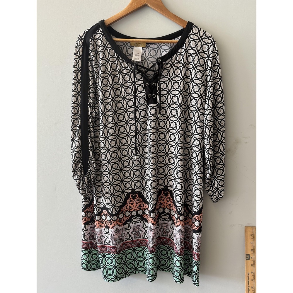 Valerie Stevens Dress Womens XL Multicolor Geometric Lace Shift 3/4 Sleeve Short